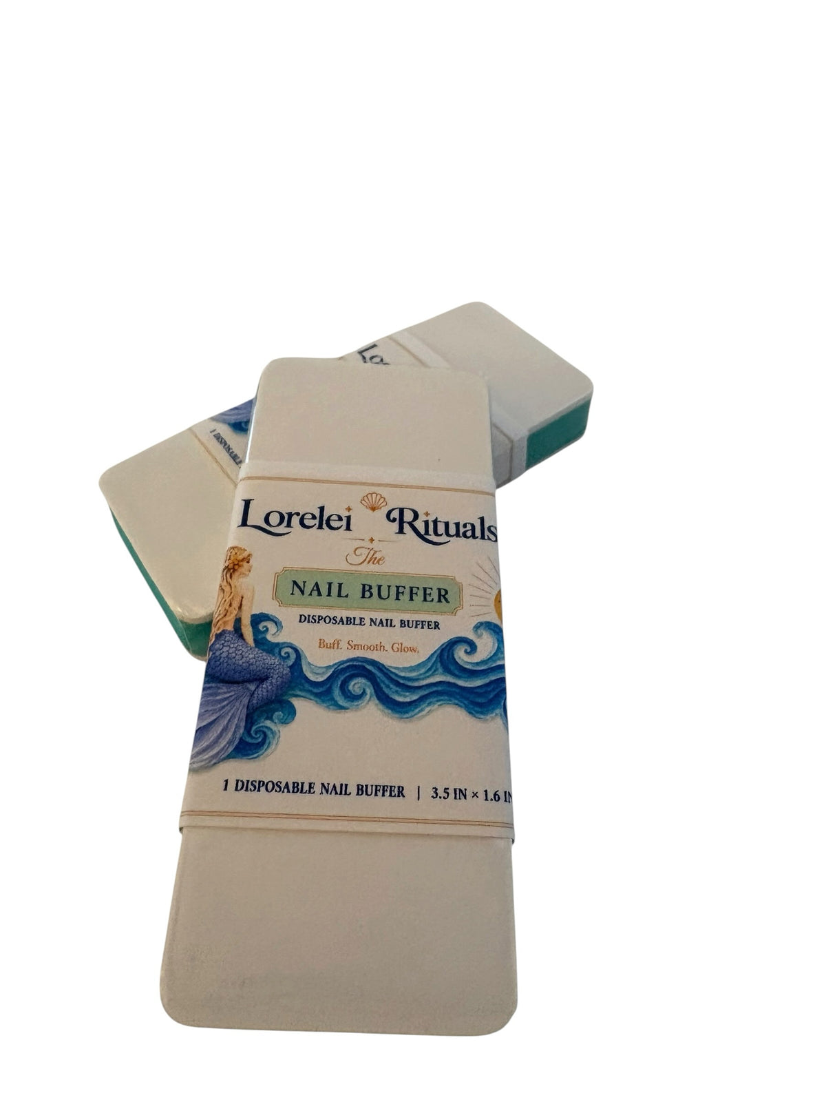 Lorelei Rituals disposable nail buffer with mermaid-themed packaging for smoothing and polishing natural nails