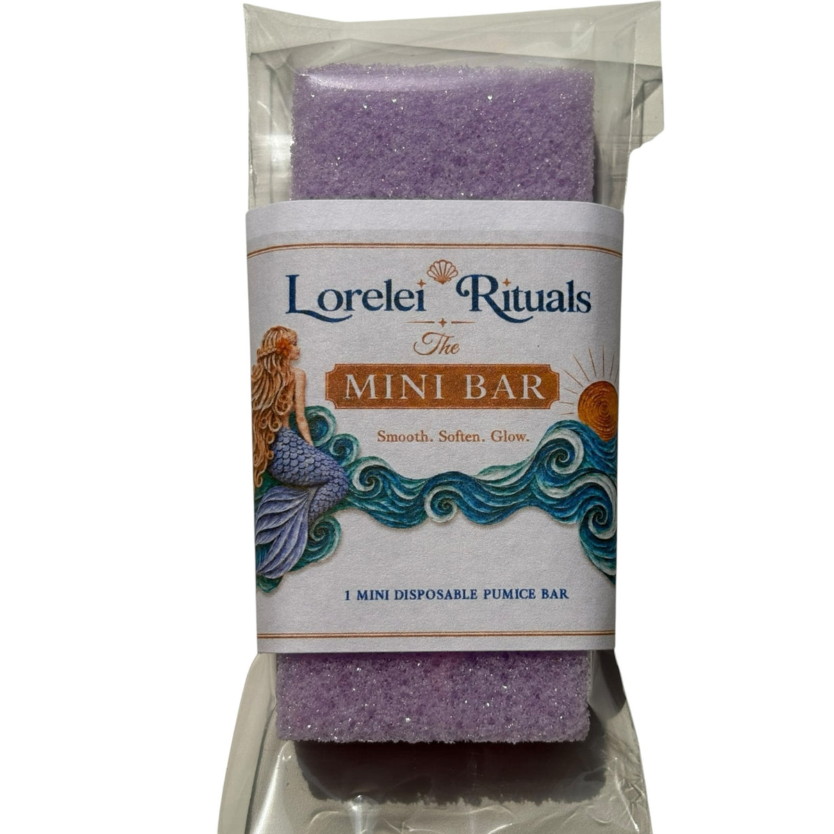 Lorelei Rituals The Mini Bar purple disposable pumice bar for exfoliating rough skin in clear plastic packaging